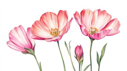 Naklejka premium Watercolor illustration of three pink cosmos flowers