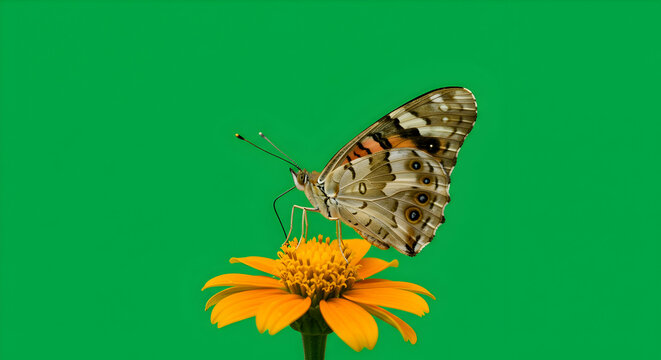 Butterfly Resting on a Yellow Flower Against Green Background Studio Shot