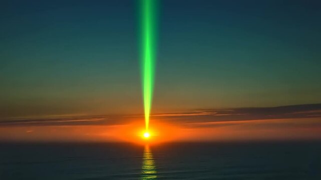 Vibrant sunset over the ocean with a green beam of light piercing the horizon, serene atmosphere