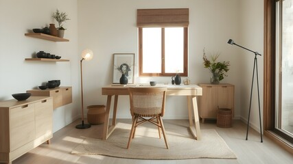 Stylish Japandi home office with natural wood furniture, minimalist decor, and warm lighting. A serene, clutter-free workspace blending Scandinavian and Japanese aesthetics for a cozy yet modern feel