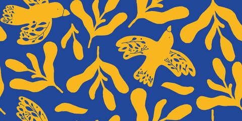 Naklejka premium Yellow Birds and Floral Leaves Pattern on Blue Background