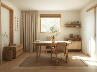 Stylish Japandi home office with natural wood furniture, minimalist decor, and warm lighting. A serene, clutter-free workspace blending Scandinavian and Japanese aesthetics for a cozy yet modern feel