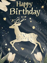 Celebratory Golden Deer Leaping Amidst Stars and Florals on Luxe Black Background. Elegant Festivity, Celestial Whimsy, and Birthday Joy Themes.