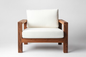 Modern wooden armchair with white cushions.  Simple, minimalist design