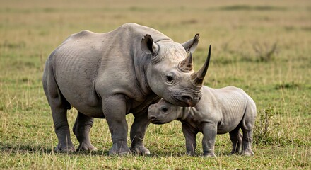 Obraz premium A Mother Black Rhinoceros and Her Calf