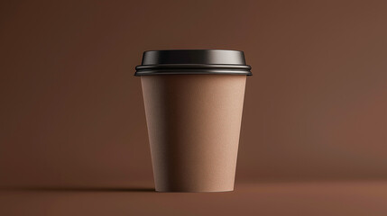 Simple brown coffee cup set against neutral backdrop