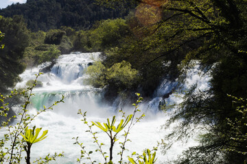Cute waterfalls at Krka National Park,Croatia. Summer european tourism