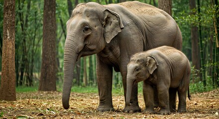 Fototapeta premium A Mother Indian Elephant and Her Calf