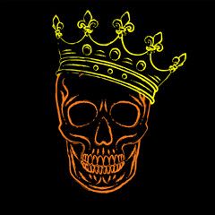 Human skull in crown with fleur de lis sign on points. Front view. Neon fluorescent colors. Grunge style