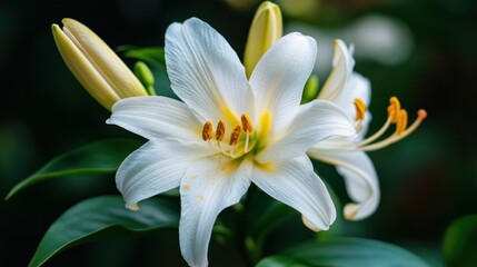 Fototapeta premium Close-up of white lilies in garden setting, botanical