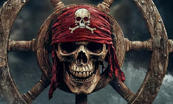 Skull wearing bandana on ship's wheel amidst rough waters, creating a dramatic maritime scene with dark mood
