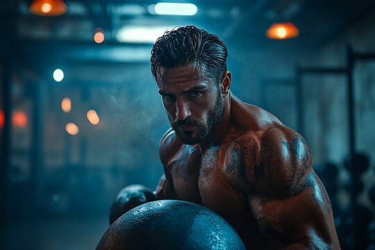 Muscular man doing dips on parallel bars with intense focus, set in a gym environment, captured in ultra realistic detail, highlighting strength and determination.


