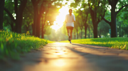 Obraz premium person jogging along sunlit path surrounded by trees, enjoying fresh air and exercise. warm sunlight creates serene atmosphere, perfect for outdoor activities