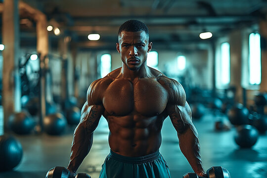 Muscular man doing dips on parallel bars with intense focus, set in a gym environment, captured in ultra realistic detail, highlighting strength and determination.

