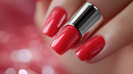 Red nails, close-up, manicure, bokeh background, beauty