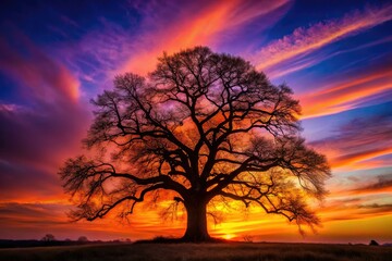 Fototapeta premium A lone oak tree, a powerful silhouette, dominates the landscape beneath a breathtaking sunset sky.