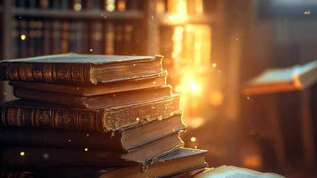Antique books in sunlit library setting