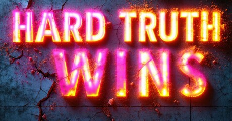 Massive glowing hard truth wins in pink and orange thick glowing letters over cracked cement with dust particles and flickers