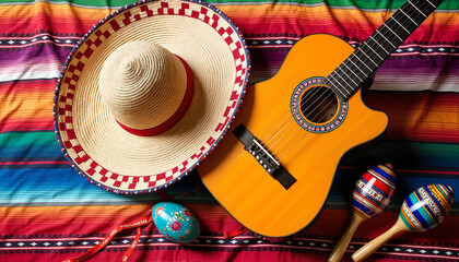 Sombrero, guitar, and maracas on colorful Mexican blanket