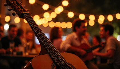 Obraz premium Acoustic guitar at festive outdoor gathering with string lights Cinco de Maya