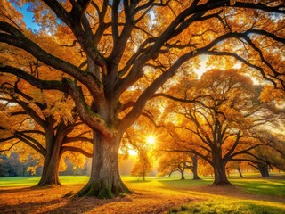 Ancient oaks stand tall, autumn leaves ablaze in golden light.