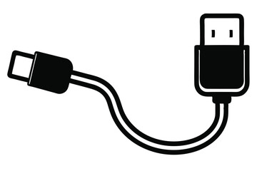 USB cable silhouette, charging cord vector, black and white icon