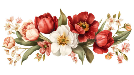 Red and white floral arrangement, bouquet of flowers, nature decor, cut out transparent