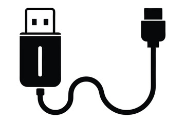 USB cable silhouette, charging cord vector, black and white icon