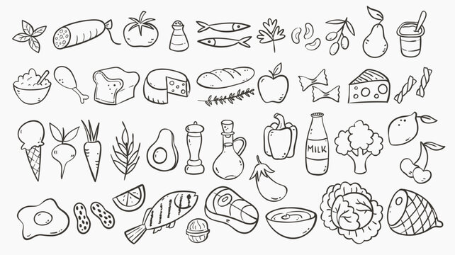 Cute hand-drawn food ingredients doodle icon set, perfect for decorating surfaces, cooking recipes, prints and crafting projects. A total of 42 designs. Vector illustration.