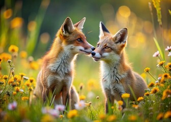 Fototapeta premium Two Red Foxes in a Sunlit Meadow, Wild Animals, Nature Photography