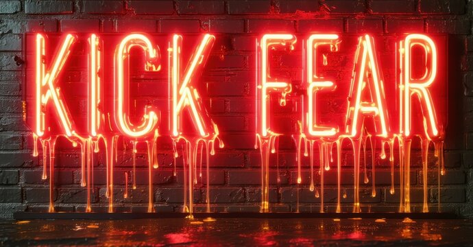 Massive glowing kick fear sign in bold red neon with golden highlights mounted on matte bricks with dripping reflections