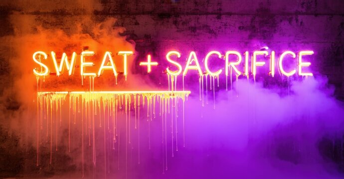 Naklejki Massive neon phrase sweat sacrifice in orange and violet heavy glowing font over textured wall with dripping mist and light scatter