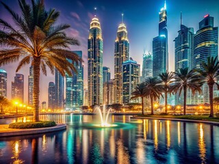 Obraz premium UAE Cityscape at Night with Bokeh Lights - Stunning Dubai Skyline