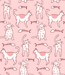 Abstract Hand Drawing Cute Childish Cats and Fishbones Seamless Vector Doodle Pattern Isolated Background