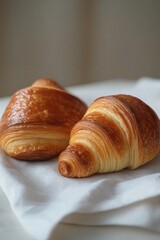 Two fresh croissants on white linen cloth with natural light for breakfast bakery concept food photography