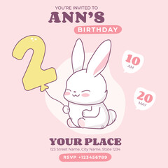 Invitation to a children's birthday party for a girl. Cute card with a kawaii rabbit and the number 2 on a pink background