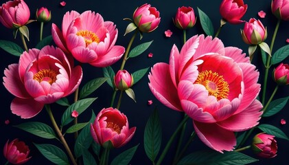 Fototapeta premium Bold, stylized peony print, densely packed on dark ground , petals, dark