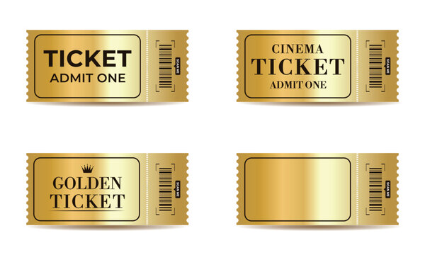 Set of templates of golden tickets to cinema, theater, concert, theatre with barcode. Isolated vector ticket on white background
