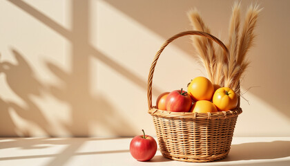 Woven basket with fruit in natural light, sustainable lifestyle
