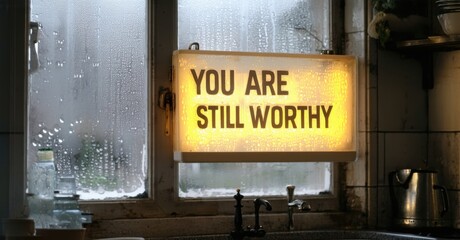 Chunky glowing message you are still worthy in white and gold mounted above window full of condensation in old quiet kitchen