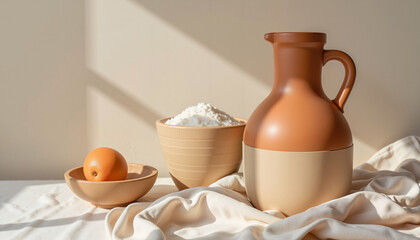 Terra cotta jug on linen with earthy textures, sustainable aesthetic