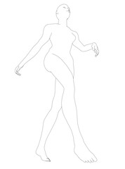 A woman is walking in a white background. The image is a drawing of a woman