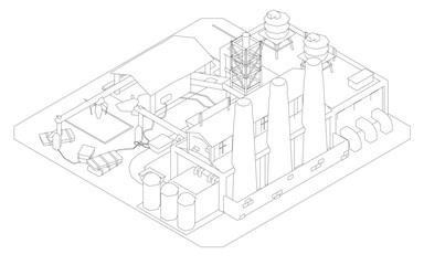 A drawing of a Factory with a lot of buildings. Isometric view