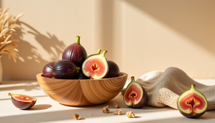 Figs in wooden bowl with earthy textures, sustainable lifestyle
