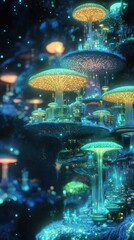 Bioluminescent mushroom city, glowing fantasy landscape