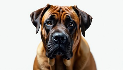 Obraz premium Large brindle mastiff, intense gaze, pure white backdrop, mastiff, pet, pet photography