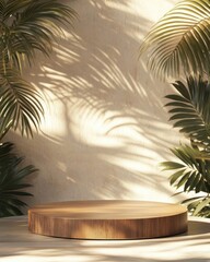 Wooden Display Round Platform Surrounded by Tropical Greenery and Soft Natural Light Creating an Inviting Atmosphere for Product Showcase