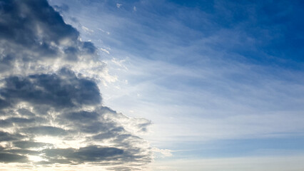 Blue sky with clouds and sunshine. Sky landscape on the horizon with clouds.
