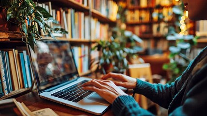 Person Working on Laptop in a Library