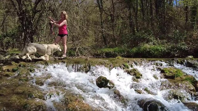 Woman holding leash encouraging dog to cross river
